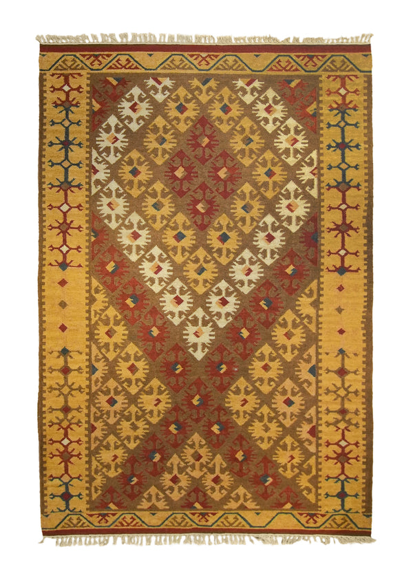 A25983 Oriental Rug Indian Handmade Area Tribal 5'7'' x 7'10'' -6x8- Yellow Gold Brown Red Dhurrie Geometric Design