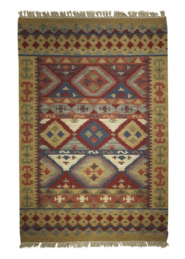 A25989 Oriental Rug Indian Handmade Area Transitional 4'0'' x 6'0'' -4x6- Brown Red Multi-color Dhurrie Geometric Design