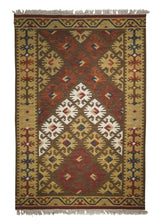 A25991 Oriental Rug Indian Handmade Area Transitional 4'0'' x 6'0'' -4x6- Brown Red Multi-color Dhurrie Geometric Design