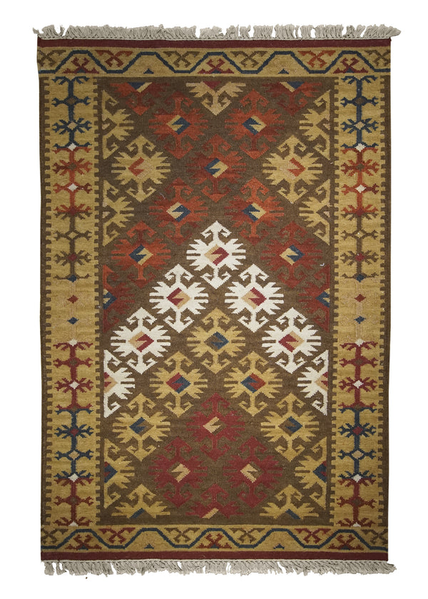 A25991 Oriental Rug Indian Handmade Area Transitional 4'0'' x 6'0'' -4x6- Brown Red Multi-color Dhurrie Geometric Design