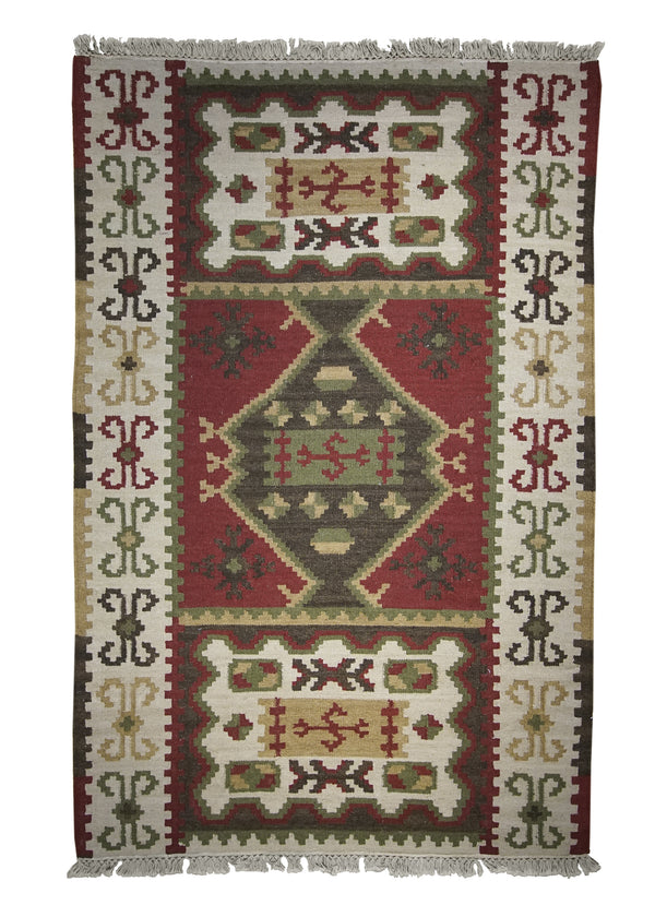 A25998 Oriental Rug Indian Handmade Area Transitional 4'0'' x 6'0'' -4x6- Red Green Whites Beige Dhurrie Geometric Design