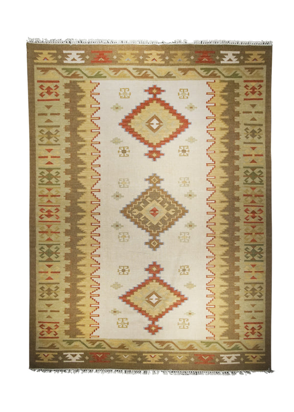 A26008 Oriental Rug Indian Handmade Area Transitional 8'12'' x 12'0'' -9x12- Whites Beige Brown Dhurrie Geometric Design