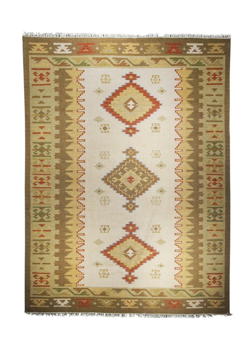 A26008 Oriental Rug Indian Handmade Area Transitional 8'12'' x 12'0'' -9x12- Whites Beige Brown Dhurrie Geometric Design