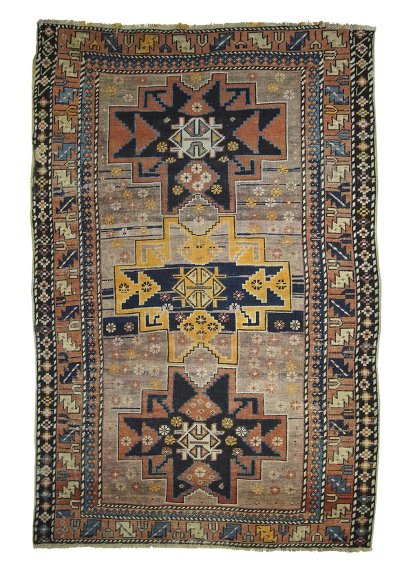 A26061 Caucasian Rug Shirvan Handmade Area Tribal Antique 3'7'' x 5'5'' -4x5- Whites Beige Red Geometric Design