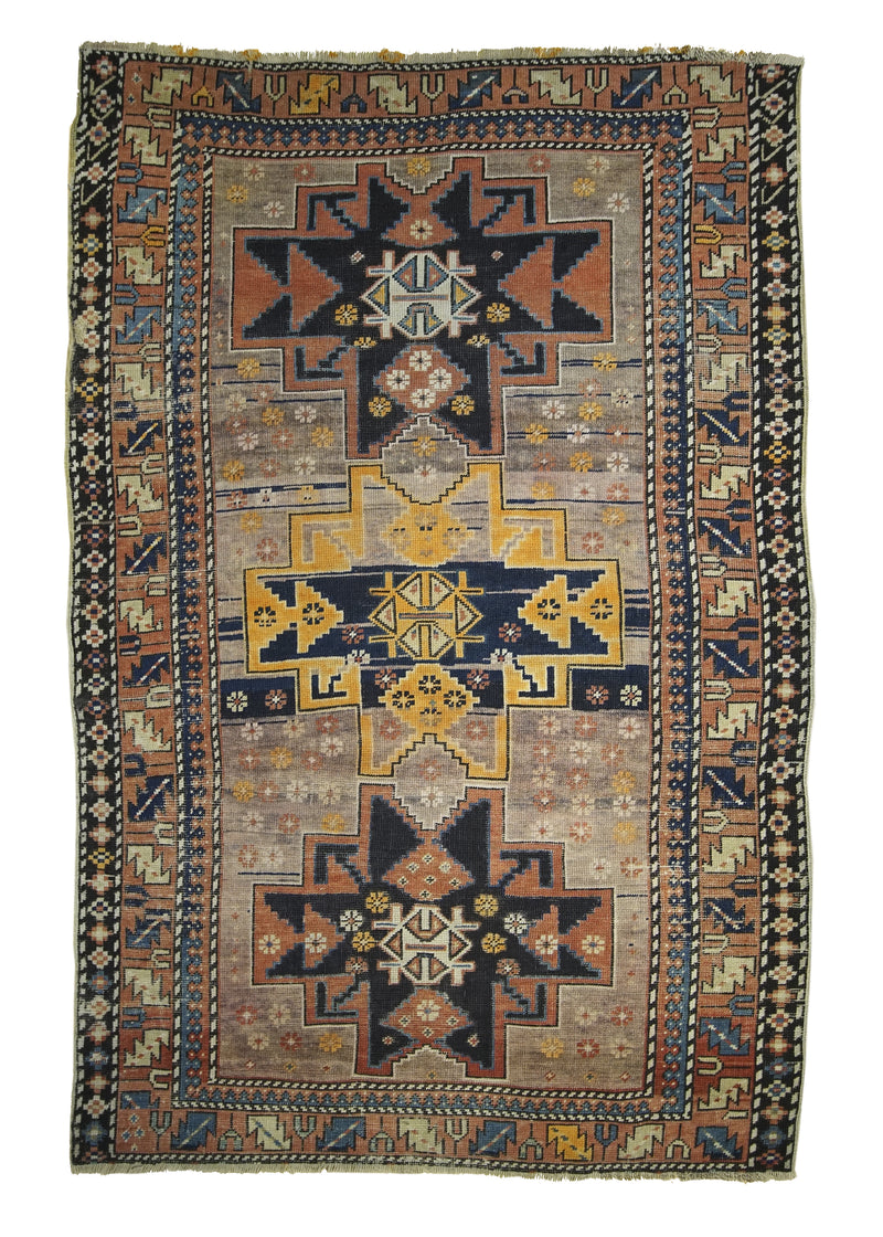 A26061 Caucasian Rug Shirvan Handmade Area Tribal Antique 3'7'' x 5'5'' -4x5- Whites Beige Red Geometric Design