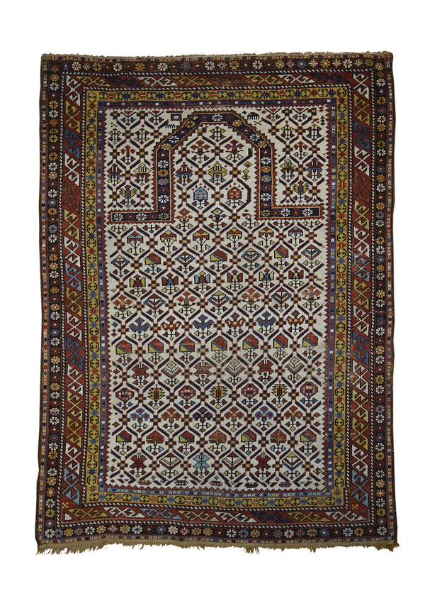 A26130 Caucasian Rug Shirvan Handmade Area Tribal Antique 3'6'' x 5'2'' -4x5- Whites Beige Red Yellow Gold Prayer Rug Prayer Rug Design