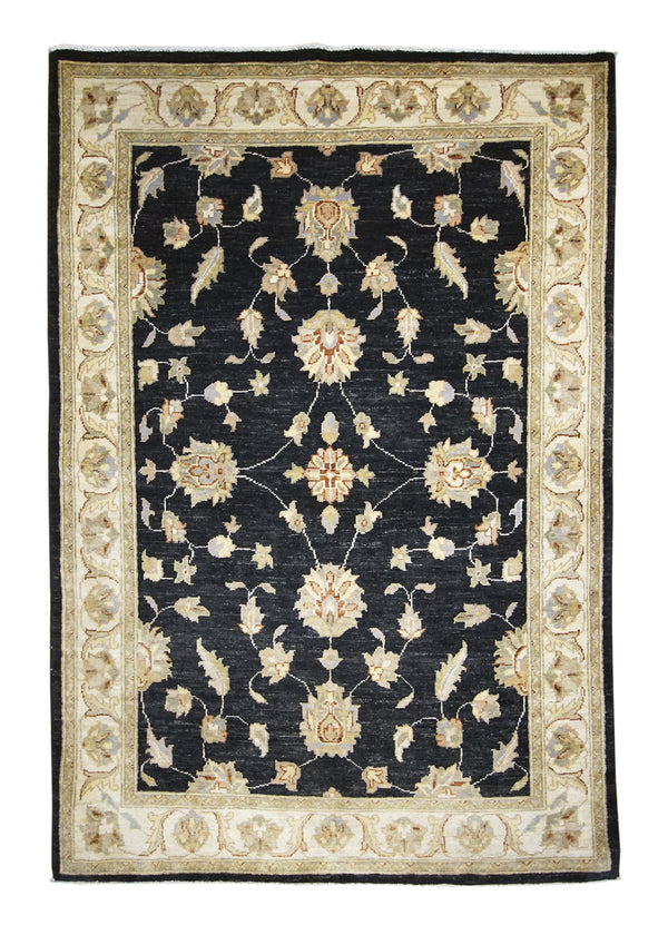 A26136 Oriental Rug Pakistani Handmade Area Transitional 4'2'' x 6'0'' -4x6- Black Whites Beige Antique Washed Oushak Floral Design