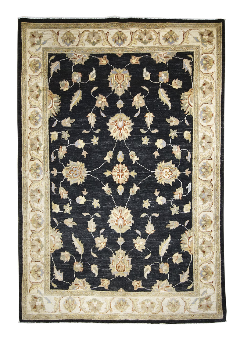 A26136 Oriental Rug Pakistani Handmade Area Transitional 4'2'' x 6'0'' -4x6- Black Whites Beige Antique Washed Oushak Floral Design