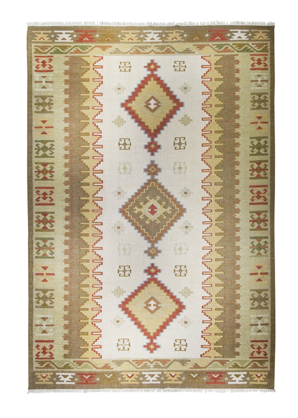 A26174 Oriental Rug Indian Handmade Area Transitional 9'12'' x 14'0'' -10x14- Multi-color Red Whites Beige Dhurrie Geometric Design