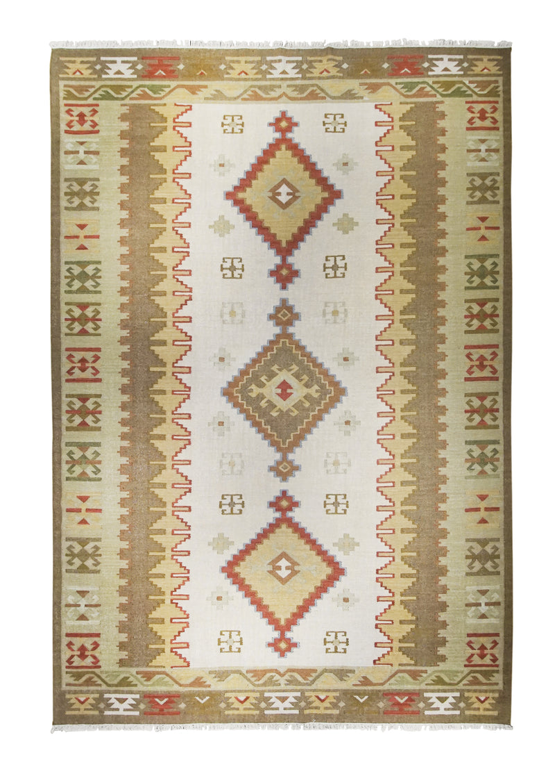 A26174 Oriental Rug Indian Handmade Area Transitional 9'12'' x 14'0'' -10x14- Multi-color Red Whites Beige Dhurrie Geometric Design