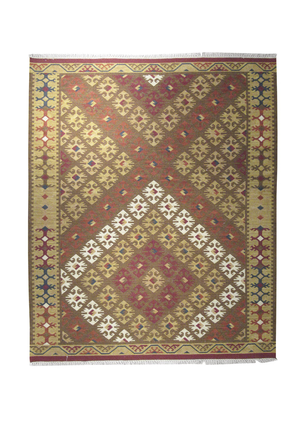 A26182 Oriental Rug Indian Handmade Area Transitional 7'12'' x 10'0'' -8x10- Multi-color Red Whites Beige Dhurrie Geometric Design