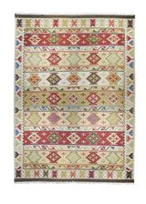 A26183 Oriental Rug Indian Handmade Area Transitional 9'12'' x 14'0'' -10x14- Multi-color Red Whites Beige Dhurrie Geometric Design