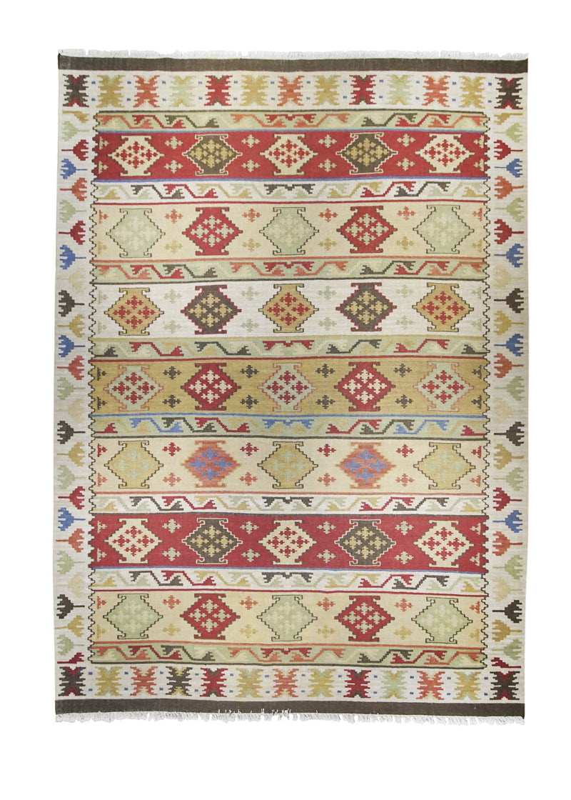 A26183 Oriental Rug Indian Handmade Area Transitional 9'12'' x 14'0'' -10x14- Multi-color Red Whites Beige Dhurrie Geometric Design