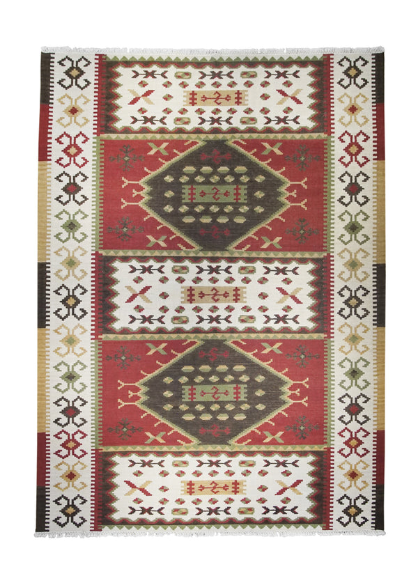 A26186 Oriental Rug Indian Handmade Area Transitional 9'12'' x 13'10'' -10x14- Multi-color Red Whites Beige Dhurrie Geometric Design