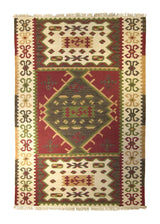 A26187 Oriental Rug Indian Handmade Area Tribal 5'7'' x 7'10'' -6x8- Red Green Dhurrie Geometric Design