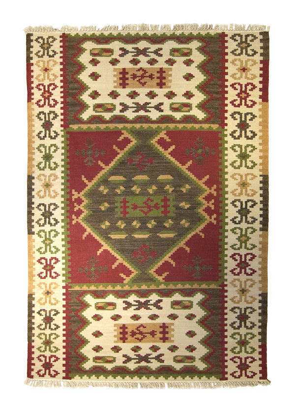 A26187 Oriental Rug Indian Handmade Area Tribal 5'7'' x 7'10'' -6x8- Red Green Dhurrie Geometric Design