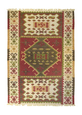 A26188 Oriental Rug Indian Handmade Area Tribal 5'6'' x 7'9'' -6x8- Red Green Dhurrie Geometric Design