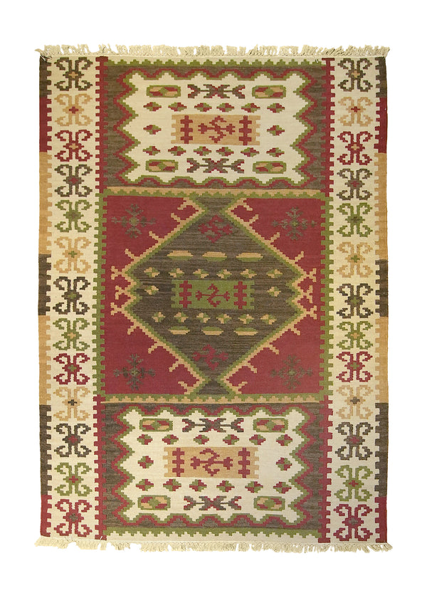 A26188 Oriental Rug Indian Handmade Area Tribal 5'6'' x 7'9'' -6x8- Red Green Dhurrie Geometric Design
