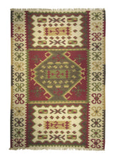 A26189 Oriental Rug Indian Handmade Area Transitional 5'12'' x 8'10'' -6x9- Multi-color Red Whites Beige Dhurrie Geometric Design