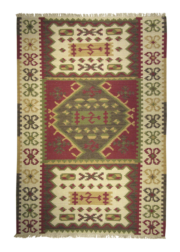 A26189 Oriental Rug Indian Handmade Area Transitional 5'12'' x 8'10'' -6x9- Multi-color Red Whites Beige Dhurrie Geometric Design