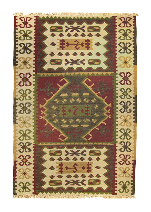 A26189 Oriental Rug Indian Handmade Area Transitional 6'0'' x 8'10'' -6x9- Multi-color Red Whites Beige Dhurrie Geometric Design.jpg
