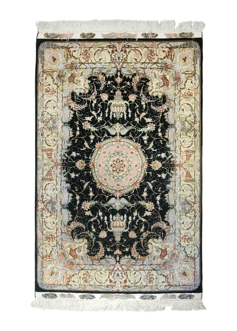 A26212 Persian Rug Tabriz Handmade Area Traditional 3'3'' x 5'0'' -3x5- Green Black Pink Naghsh Floral Design.jpg
