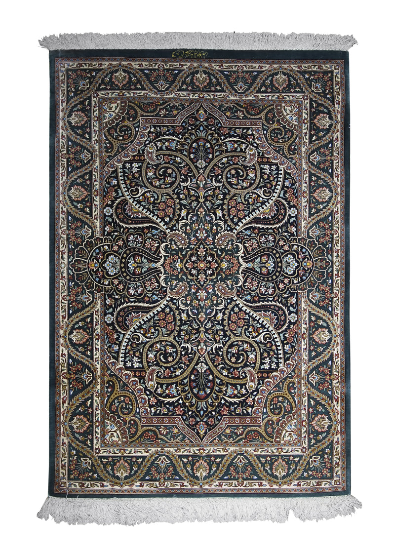 A26223 Persian Rug Qum Handmade Area Traditional 2'7'' x 3'11'' -3x4- Green Whites Beige Assarpour Floral Design