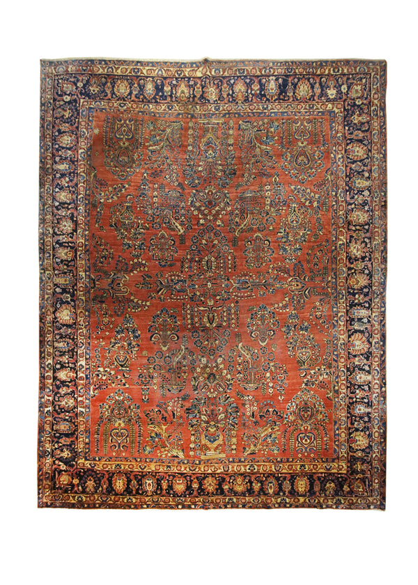 A26230 Persian Rug Sarouk Handmade Area Traditional Antique 10'1'' x 13'2'' -10x13- Red Blue Floral Design