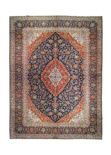A26276 Persian Rug Kashan Handmade Area Traditional 9'7'' x 12'10'' -10x13- Blue Red Toranj Mehrab Floral Design