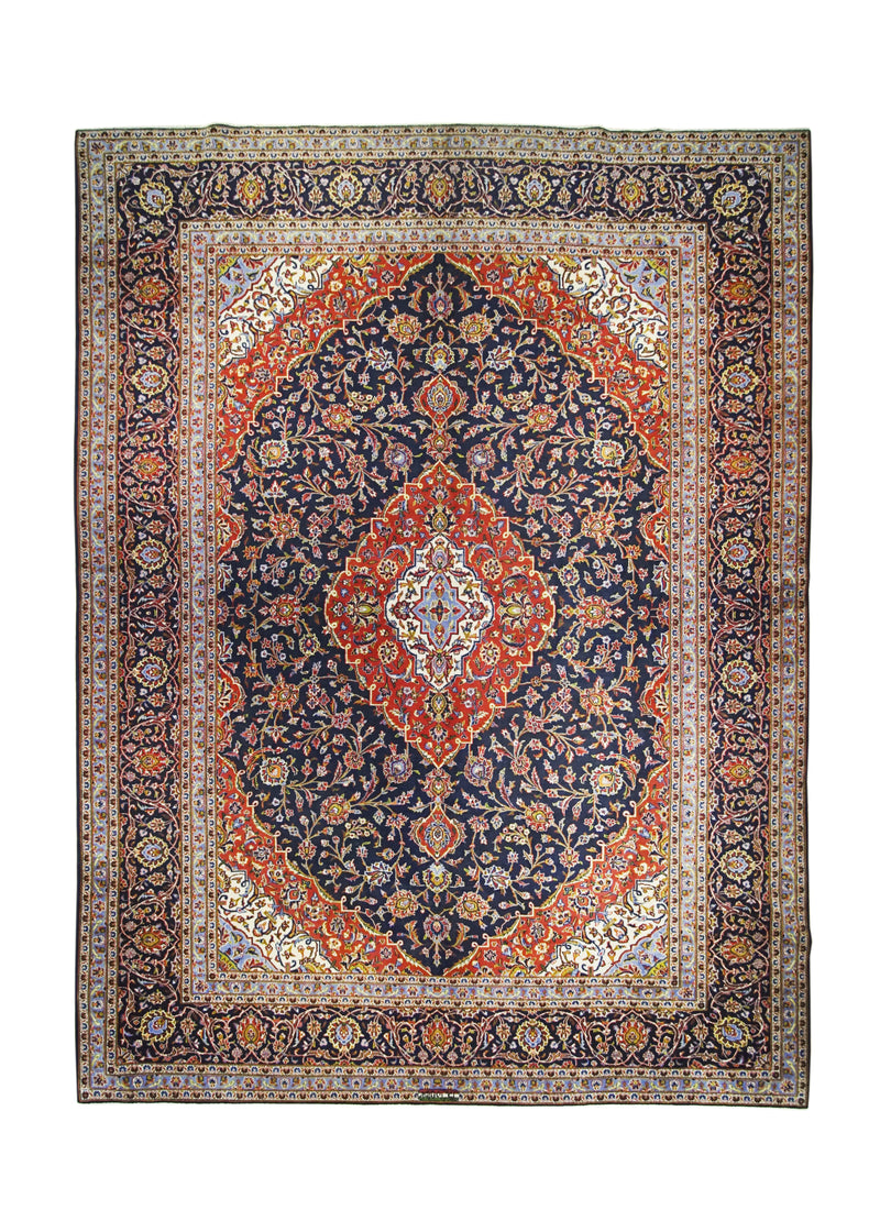 A26276 Persian Rug Kashan Handmade Area Traditional 9'7'' x 12'10'' -10x13- Blue Red Toranj Mehrab Floral Design