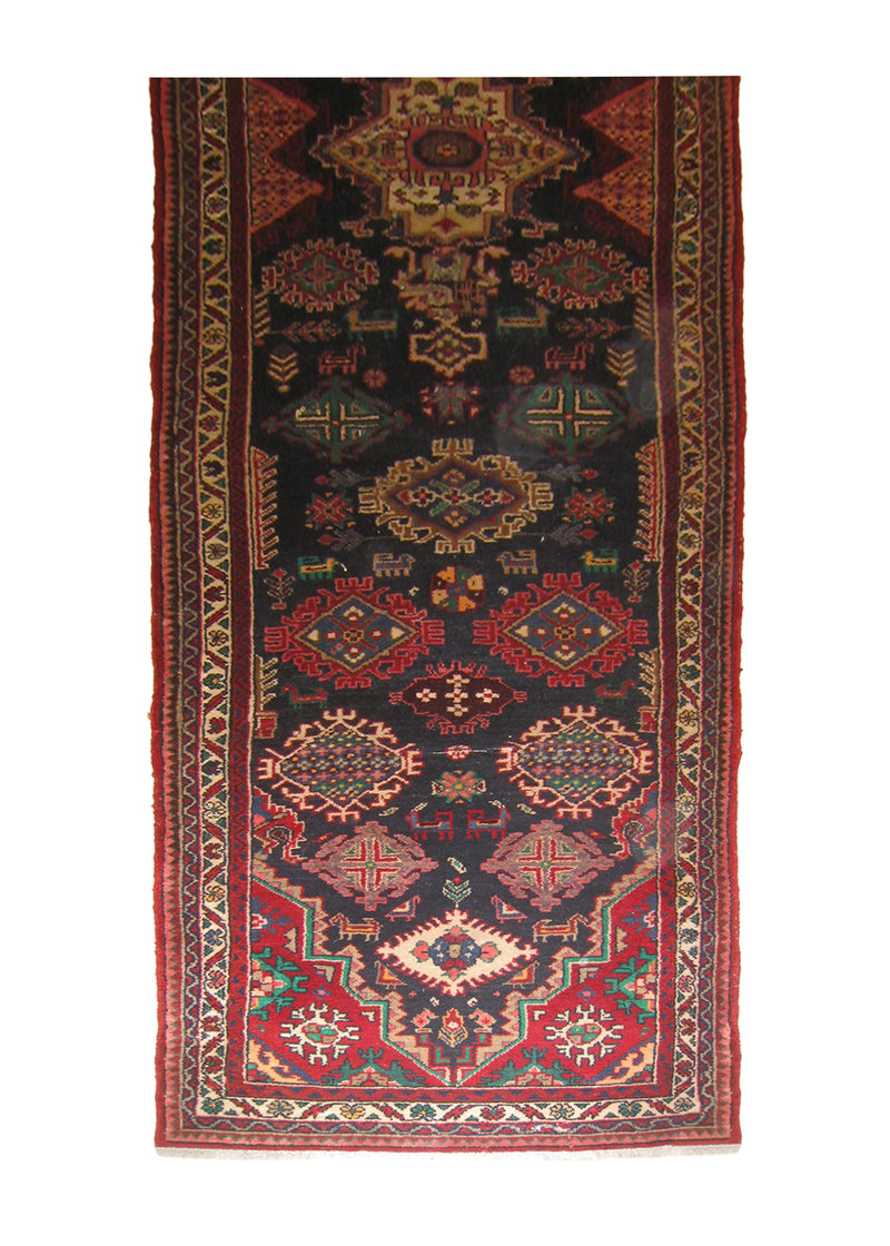 A26306 Persian Rug Hamadan Handmade Runner Tribal 3'4'' x 14'2'' -3x14- Blue Red Geometric Design