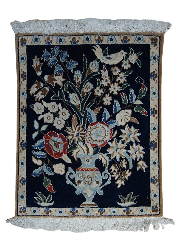A26326 Persian Rug Nain Handmade Area Traditional 1'6'' x 1'10'' -2x2- Blue Whites Beige Tree of Life Design