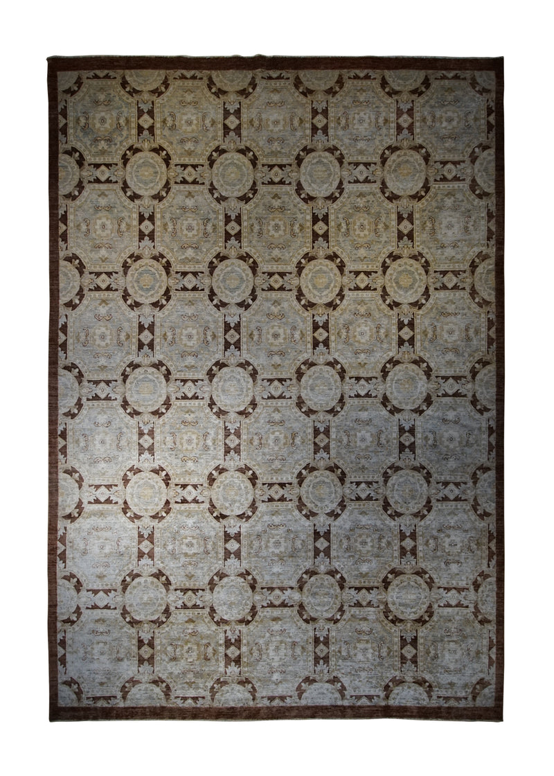 A26350 Oriental Rug Pakistani Handmade Area Transitional 8'9'' x 12'9'' -9x13- Brown Blue Antique Washed Oushak Geometric Design