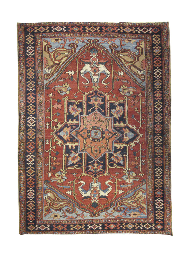 A26398 Persian Rug Heriz Handmade Area Tribal Antique 4'10'' x 6'3'' -5x6- Red Blue Geometric Design