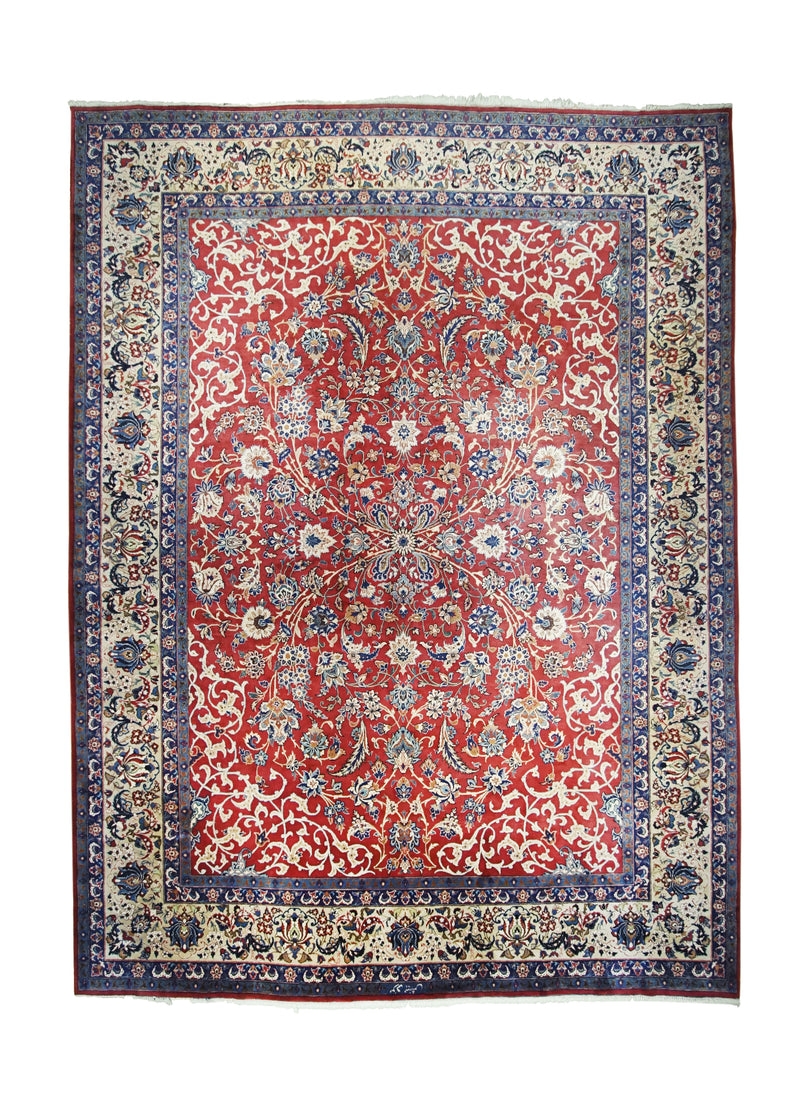 A26487 Persian Rug Yazd Handmade Area Traditional 9'8'' x 13'0'' -10x13- Red Whites Beige Blue Floral Design