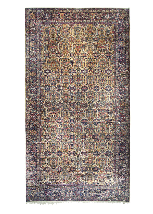 A26489 Persian Rug Lavar Kerman Handmade Area Traditional Antique 12'1'' x 22'3'' -12x22- Whites Beige Blue Pink Garden Design