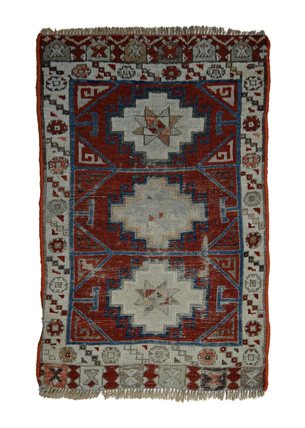 A26497 Oriental Rug Turkish Handmade Area Tribal Antique 1'9'' x 2'10'' -2x3- Red Whites Beige Geometric Design
