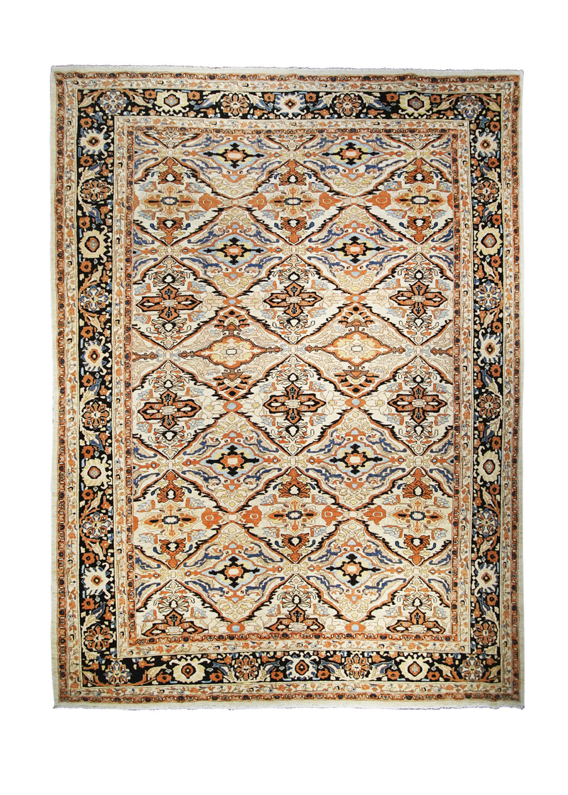 A26513 Persian Rug Malayer Handmade Area Tribal Vintage 9'4'' x 12'2'' -9x12- Whites Beige Black Orange Geometric Design