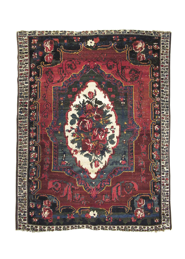 A26525 Persian Rug Bakhtiari Handmade Area Tribal Antique 5'3'' x 6'5'' -5x6- Red Green Floral Gol Farang Design