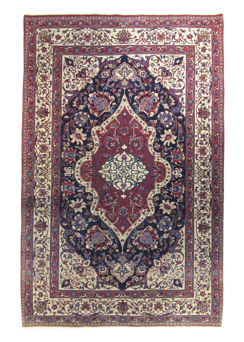 A26526 Persian Rug Isfahan Handmade Area Traditional Antique 4'9'' x 7'5'' -5x7- Blue Whites Beige Red Floral Design