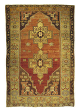 A26567 Oriental Rug Turkish Handmade Area Tribal Antique 4'5'' x 6'5'' -4x6- Red Yellow Gold Brown Konya Geometric Design