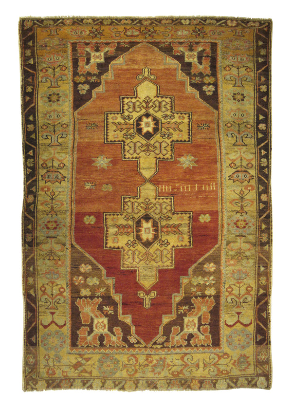A26567 Oriental Rug Turkish Handmade Area Tribal Antique 4'5'' x 6'5'' -4x6- Red Yellow Gold Brown Konya Geometric Design