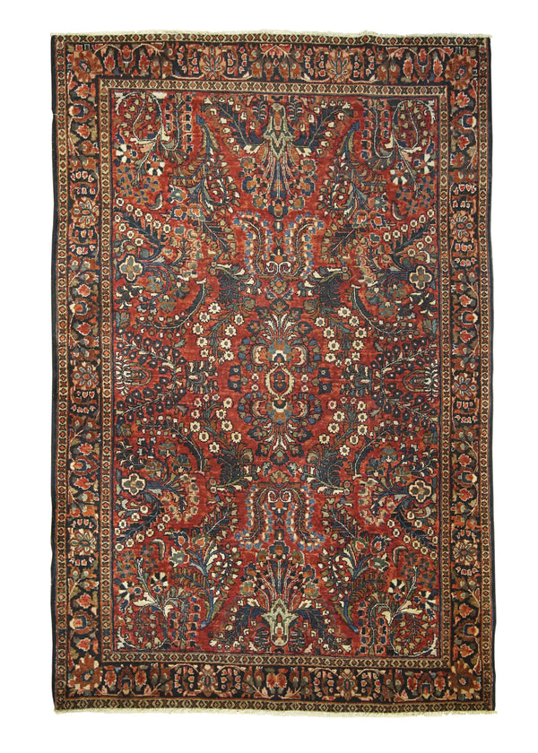 A26591 Persian Rug Sarouk Handmade Area Traditional Antique 4'1'' x 6'3'' -4x6- Red Blue Floral Design