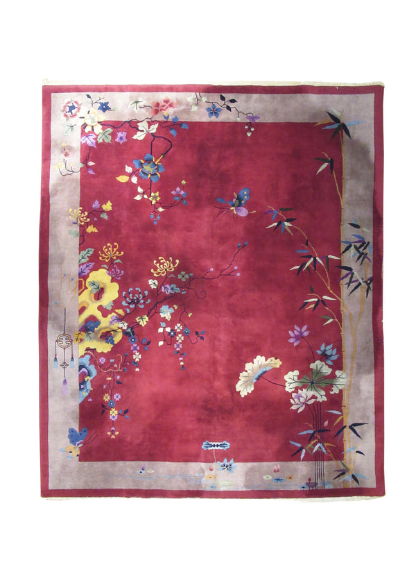A26632 Oriental Rug Chinese Handmade Area Traditional Antique 7'10'' x 9'5'' -8x9- Red Whites Beige Nichols Art Deco Design