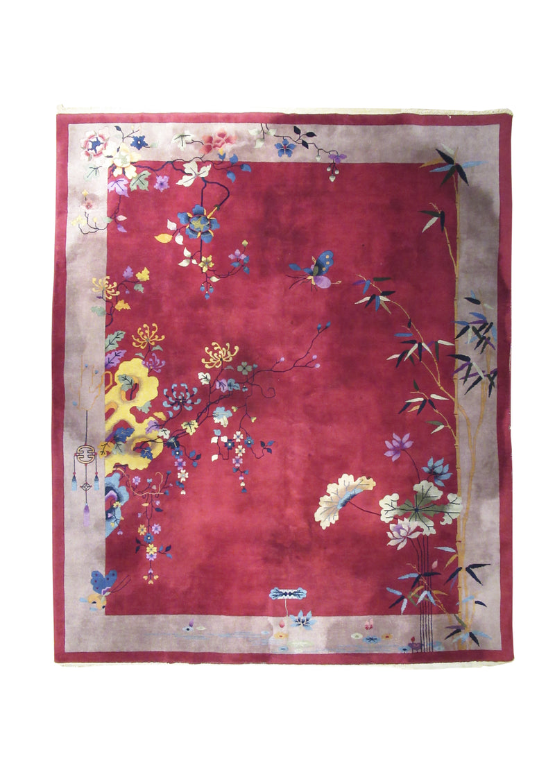 A26632 Oriental Rug Chinese Handmade Area Traditional Antique 7'10'' x 9'5'' -8x9- Red Whites Beige Nichols Art Deco Design