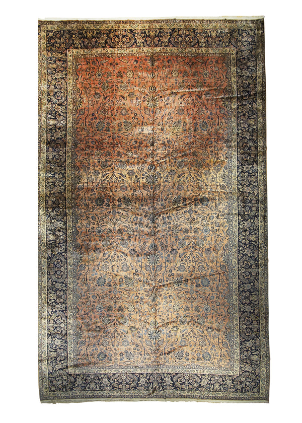 A26654 Persian Rug Kashan Handmade Area Traditional Antique 13'5'' x 22'6'' -13x23- Pink Blue Floral Design