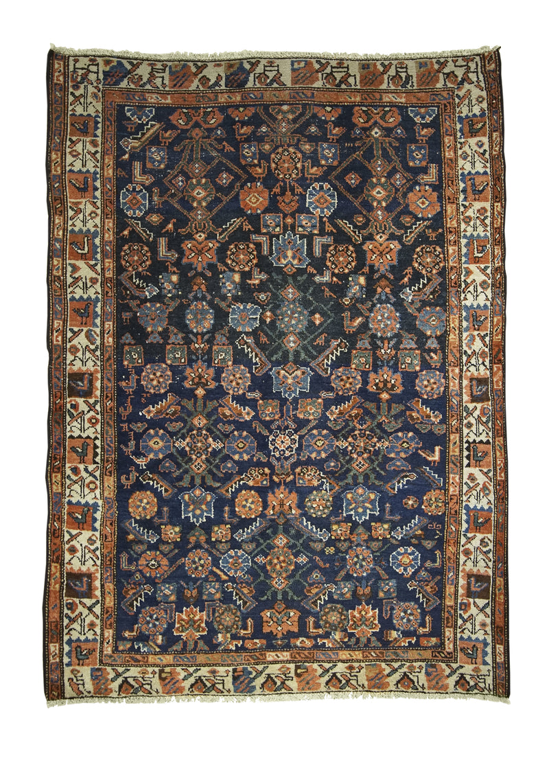 A26678 Persian Rug Hamadan Handmade Area Tribal Antique 4'1'' x 5'7'' -4x6- Blue Orange Geometric Design