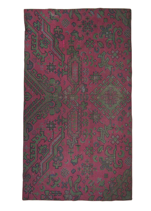 A26704 Oriental Rug Turkish Handmade Area Tribal Antique 4'4'' x 7'11'' -4x8- Red Green Oushak Geometric Partition Design