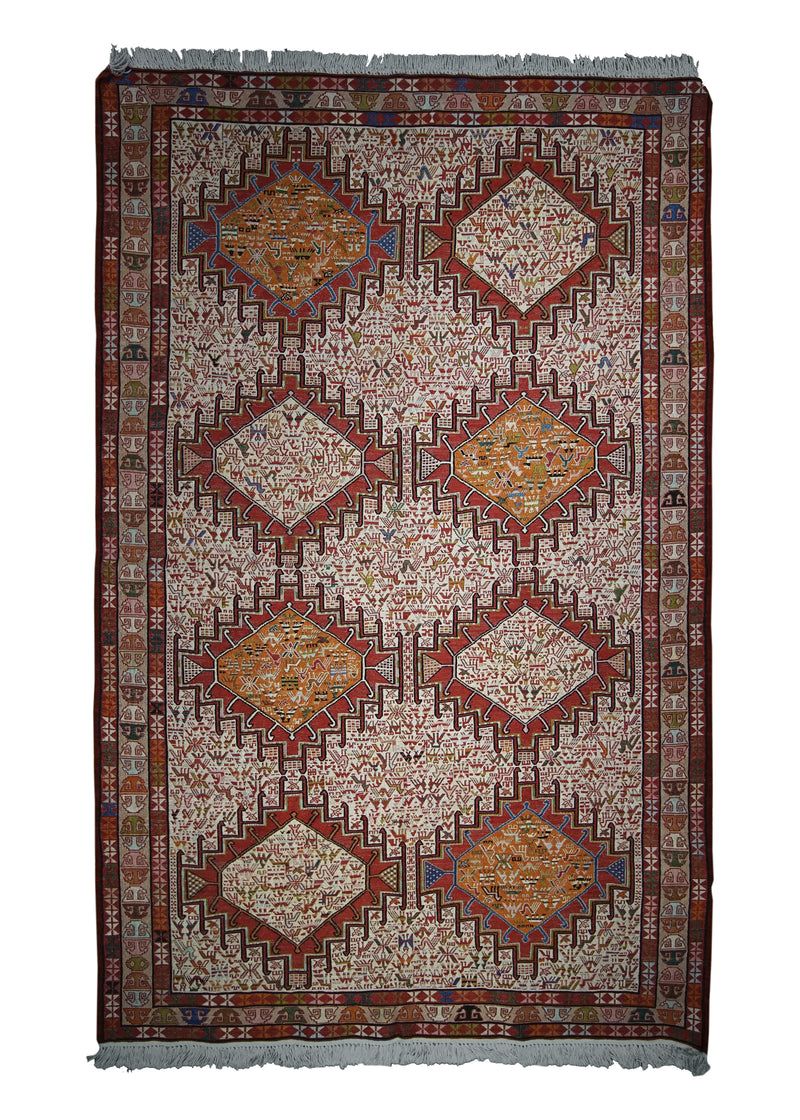 A26711 Persian Rug Azerbaijan Handmade Area Tribal 4'1'' x 6'3'' -4x6- Whites Beige Red Geometric Design