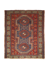 A26761 Caucasian Rug Kazak Handmade Area Tribal Antique 3'3'' x 3'10'' -3x4- Red Blue Prayer Rug Design